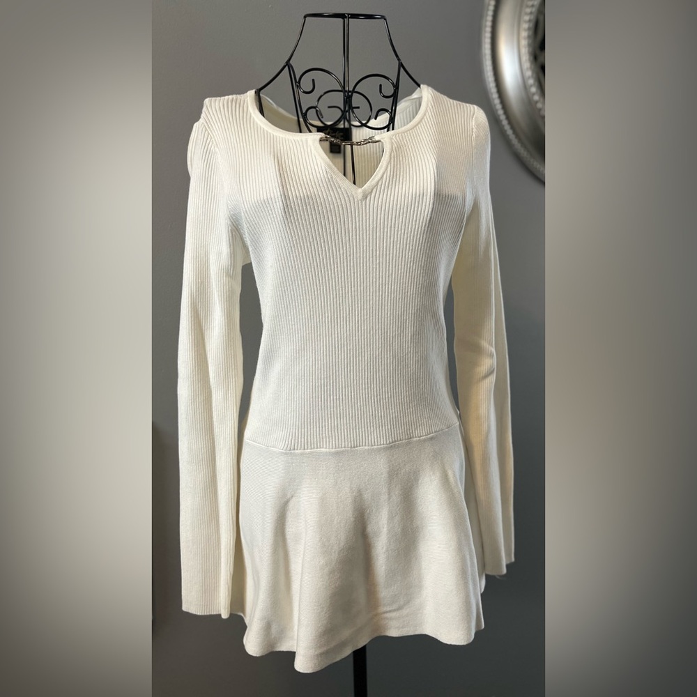 Thalia Sodi Cream Off White Ribbed Sweater Tunic Small Top long sleeves rayon